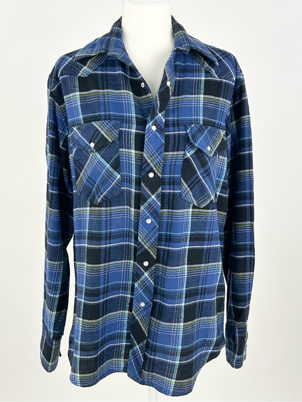Wrangler Western Snap Shirt Plaid Pearl Snap Blue Long Sleeve Women’s L Est